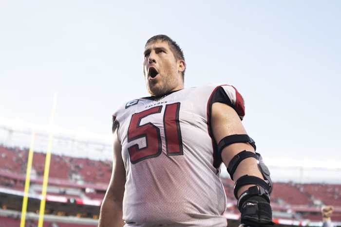 December 15, 2019; Santa Clara, CA, USA; Atlanta Falcons center Alex Mack (51) celebrates after the game against the San Francisco 49ers at Levi's Stadium. Mandatory Credit: Kyle Terada-USA TODAY Sports